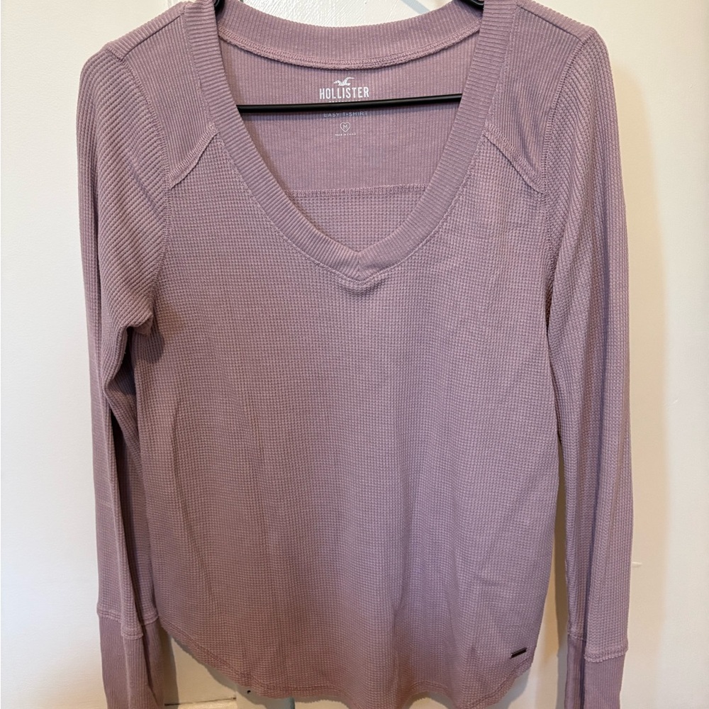 Hollister Waffle V-Neck Long Sleeve Top - Mauve